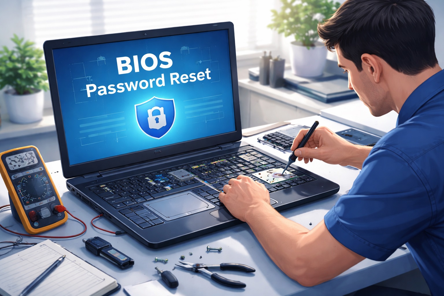 Technicien face à un mot de passe BIOS inconnu Illustration d’un technicien devant un PC affichant un mot de passe BIOS inconnu et un accès au BIOS/UEFI verrouillé