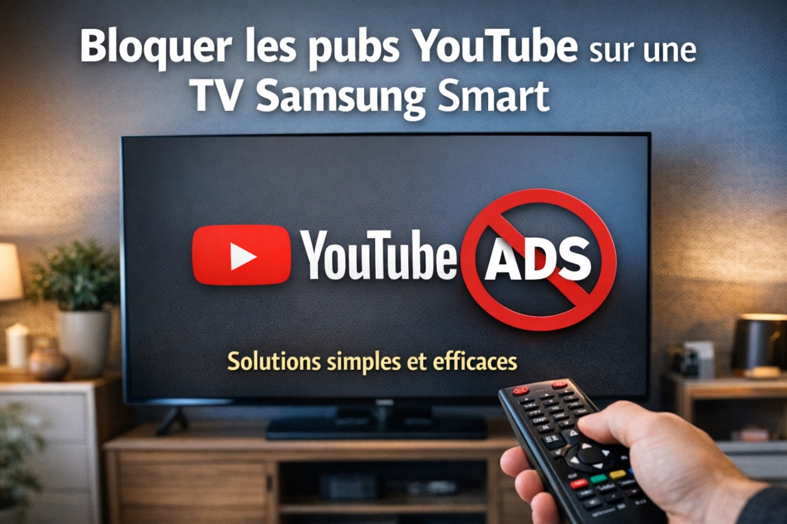 Bloquer les pubs YouTube sur une TV Samsung avec un boîtier Android TV Illustration d’une TV Samsung affichant YouTube avec un symbole anti-pub et une télécommande Android TV au premier plan