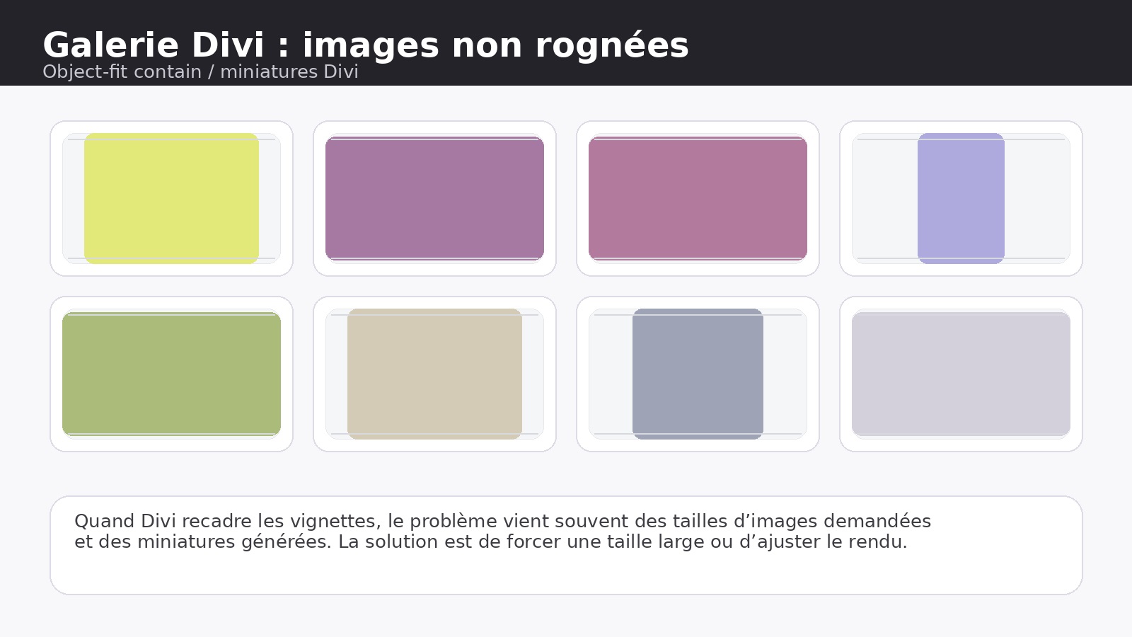 Galerie Divi sans rognage des images Illustration galerie Divi rogne les images, solution pour afficher 100 % sans recadrage